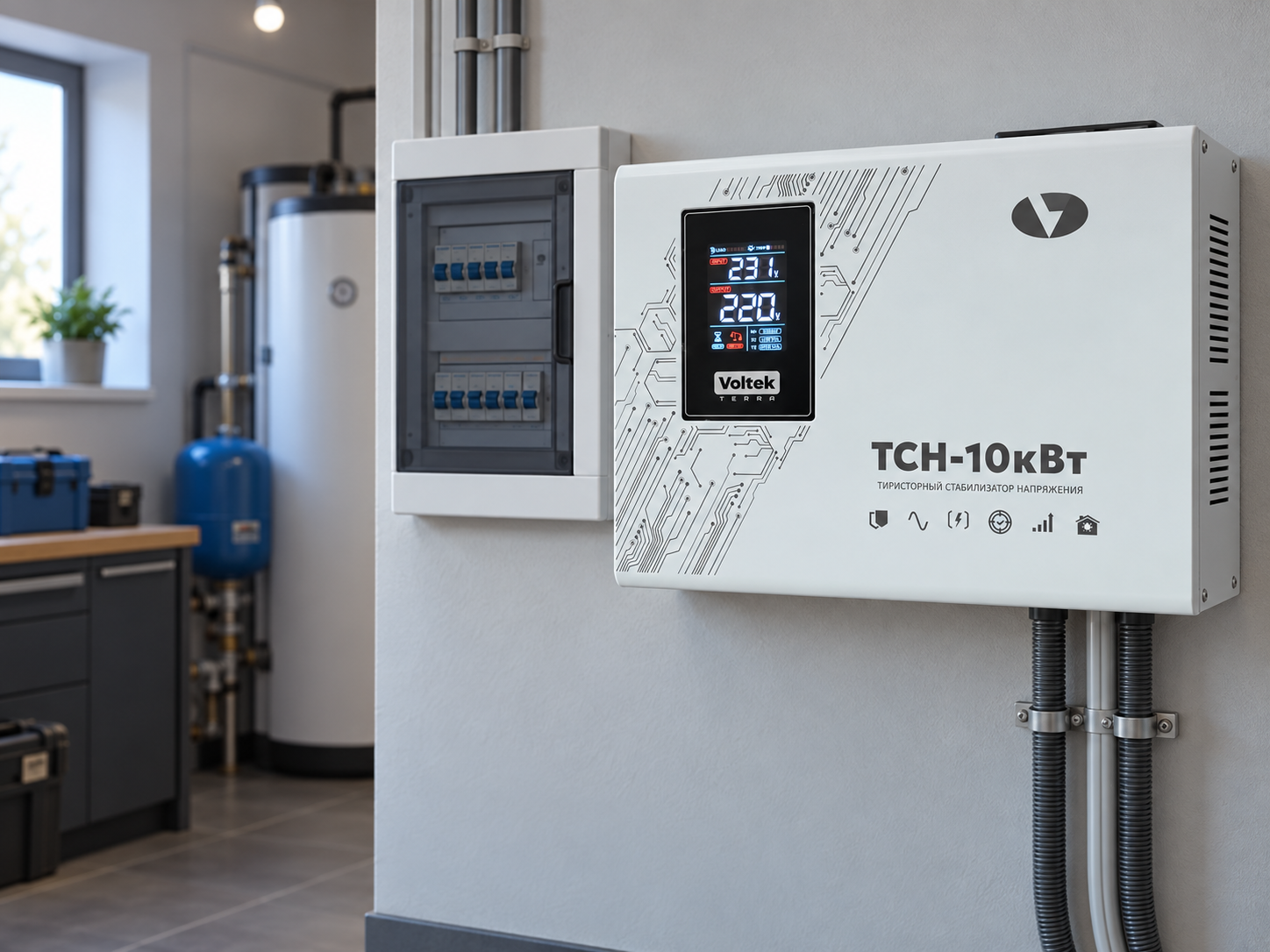 Тиристорный стабилизатор Voltek ТСН-10кВт рядом с электрощитом в техническом помещении дома